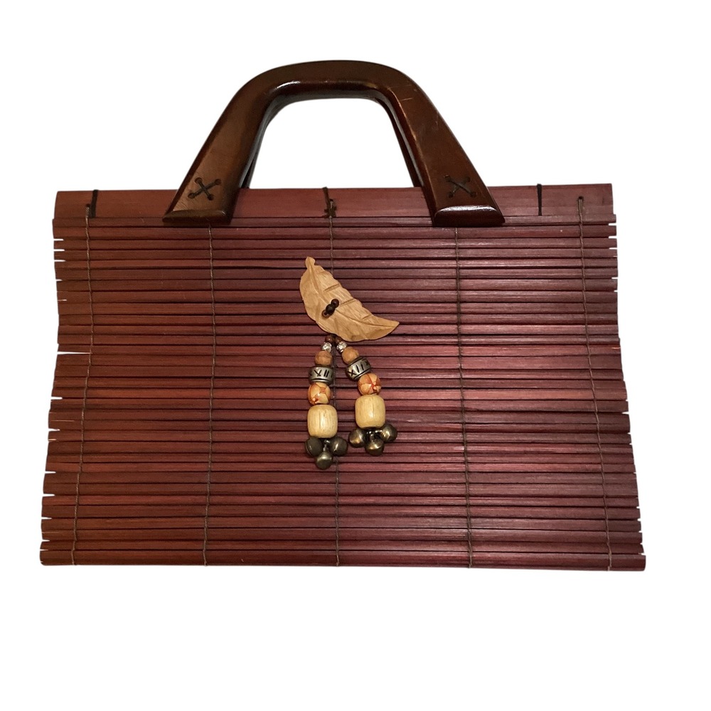 Bamboo Wood Purse Handbag Wooden Handle Beaded Leaf Accent‎ Unique Bag EUC